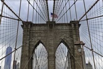 Brooklyn Bridge in Brooklyn, Manhattan, New York, USA United States of America, Symmetrical view of