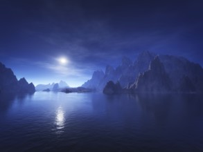 3d rendering of a dark blue fantasy landscape