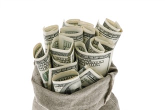 Many dollar notes in a sack