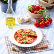 Delicious pasta - ravioli in tomato sauce with basil