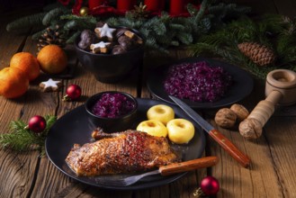 Classic and crispy roast duck with cabbage and dumplings