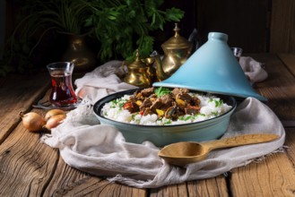 Tajin beef stew with rice, peppers and sesame seeds