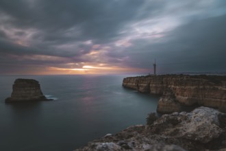 Long exposure, sunset, sea, lighthouse, Algarve, Portugal, Europe