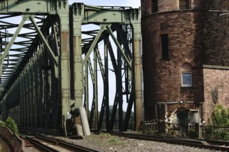 The riveted steel girders and part of a bridge tower of a railway bridge, the south bridge in Mainz