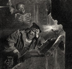 Faust, restless, seated at his desk, first part of the tragic play Faust by Johann Wolfgang von
