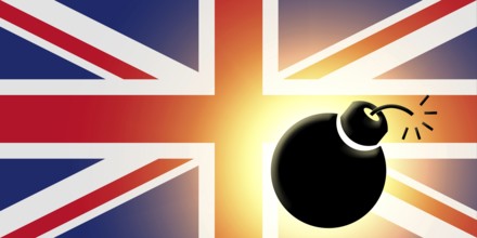 The British flag and bomb illustration. Closeup