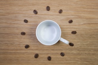 Coffee Time - Empty coffee cup and clock of coffee beans