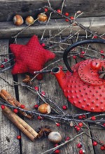Red iron kettle custard, berries, cinnamon and branches with red berries