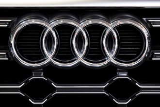 Sofia, Bulgaria - 3 June, 2022: Close-up of Audi logo is seen on a car at Sofia Motor Show
