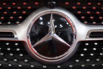 Sofia, Bulgaria - 3 June, 2022: Close-up of Mercedes-Benz logo is seen on a car at Sofia Motor Show