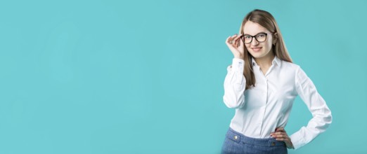 Blank for advertising. portrait young caucasian woman worker teacher coach mentor in white shirt