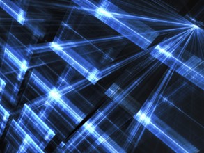 Diagonal lights wall - abstract computer-generated image. Dark blue technology background with