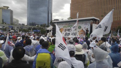 Seoul, South Korea. September 7, 2019: Large crowd of people at Seoul station plaza for protest