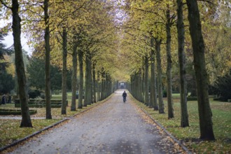 Copenhagen, Denmark, October 27, 2022: People in a tree alley on Vestre Cemetery during autumn,