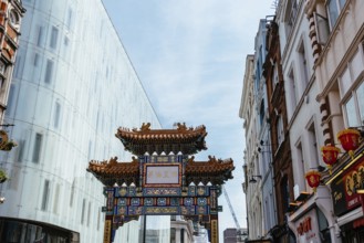 London, UK, May 15, 2019: View of the entrance to London Chinatown with Chinese restaurants,