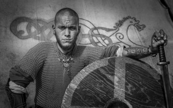 Portrait of man dressed as a Viking, Denmark, Europe