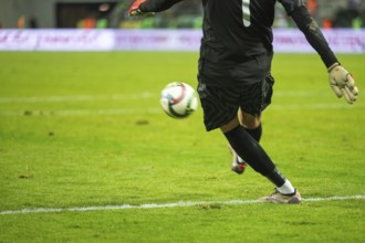 Goalkeeper kicks ball from 5 meters line during soccer match