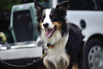 Dog on a lead next to transport box for dog by the car