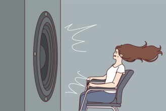 Deafened woman near giant subwoofer from music center listening to loud rhythmic track with bass