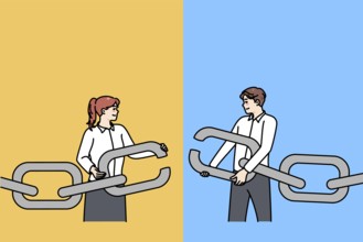 Businesspeople hold chain with missing link find solution together. Man and woman employee solve