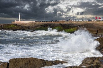 The lighthouse of Rabat during stormy sea, Morocco, Africa