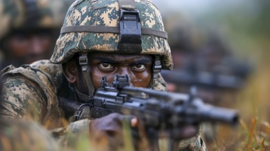 A soldier in camouflage gear aims a rifle with intense focus amidst tall grass