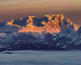 Above the clouds at sunset in the national park berchtesgadener Land