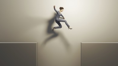 A business woman jumps over a gap. Concept symbol 3D illustration