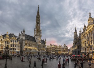 Brussels Old Town, Belgium, 07 18 2019, Panoramic view over the Brussels Grande Place at dusk