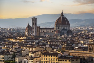 Skyline of downtown Florence during sunset, seen from the famous Piazzale Michelangelo, Italy,