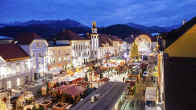 Christmas market on the main square of Leoben, blue hour, Styria, Austria, Europe