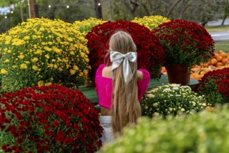 A beautiful European blonde female pics out some flowers for the upcoming fall festivals