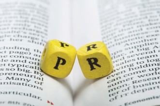 Word PR.Wooden cubes on newspaper. Close up studio shot