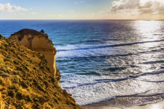 Powerful ocean surf at sunset. The Great Ocean Road. Steep and rocky ocean shore of Australia. The