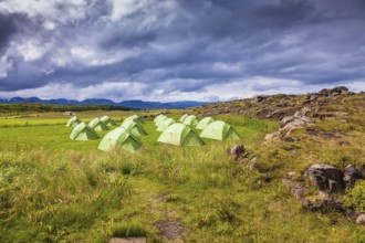 The picturesque green tent on green meadow. Summer holidays in Iceland
