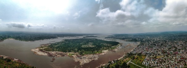 Aerial view of the Congo River separating Brazzaville, the capital of the Republic of Congo, and