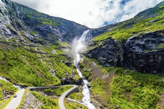 Trollstigen /Troll Staircase/ - the most popular tourist spot in Norway. The huge Stigfossen