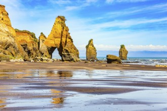 The Tongaporutu beach on the Pacific coast. New Zealand. North Island. Low tide on the Pacific