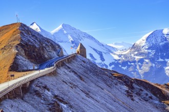The famous panoramic mountain road Grossglocknerstrasse. Snow-capped mountain peaks are covered