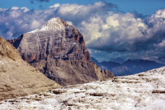 Dolomites in the snow. South Tyrol, Italy. The Pordoi Pass is part of the Dolomiti Superski ski