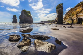 Exotic journey to the end of the world. North Island, New Zealand. Famous rocks Three Sisters on