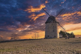 A windmill in the field in the sunset