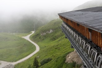 A cable car station with stored gondolas at the Hintertux glacier, Austria, Europe