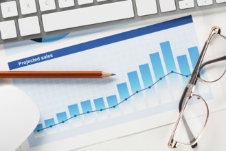 Business workplace with keyboard mouse and papers with graphs and diagrams