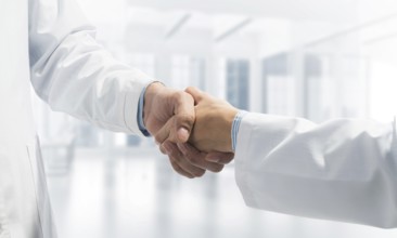 Close-up of the handshake between the two medics. Against the backdrop of the cityscape
