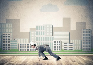 King businessman in elegant suit running and cityscape silhouette at background