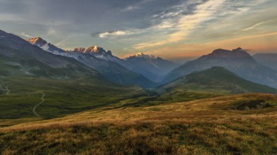 View of the Mont Blanc massif in autumn from La Bolme near Chamonix
