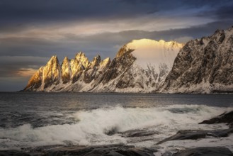 Beautiful winter landscape scene, sunset or sunrise in mountains and fjords