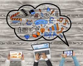 Group of people with devices in hands working together as symbol of networking and communication