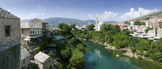 The city of Mostar on the banks of the Neretva River with the Koski Mehmed Pasha Mosque